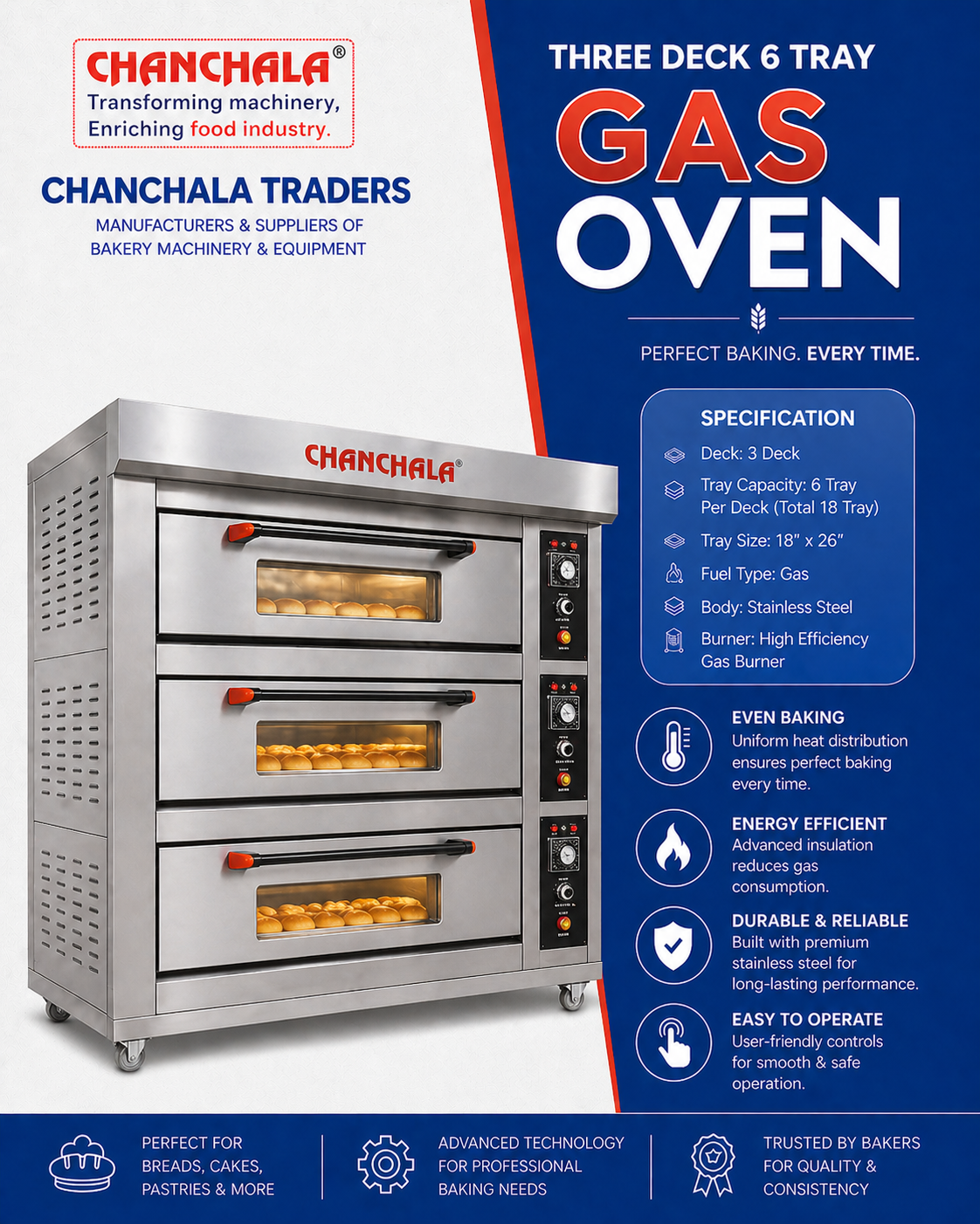 3 deck 6 tray deck oven